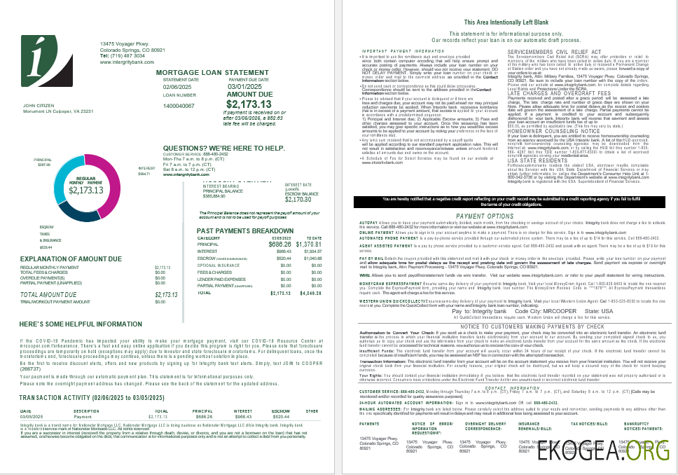 Relevé de prêt hypothécaire de la USA Integrity Bank aux formats Word et PDF, 4 pages 1, 2
